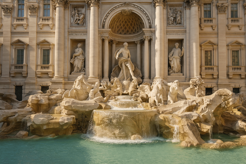Vista panorámica de la Fontana di Trevi en Roma a plena luz del día, con sus esculturas barrocas y agua cristalina frente a la fachada del Palazzo Poli